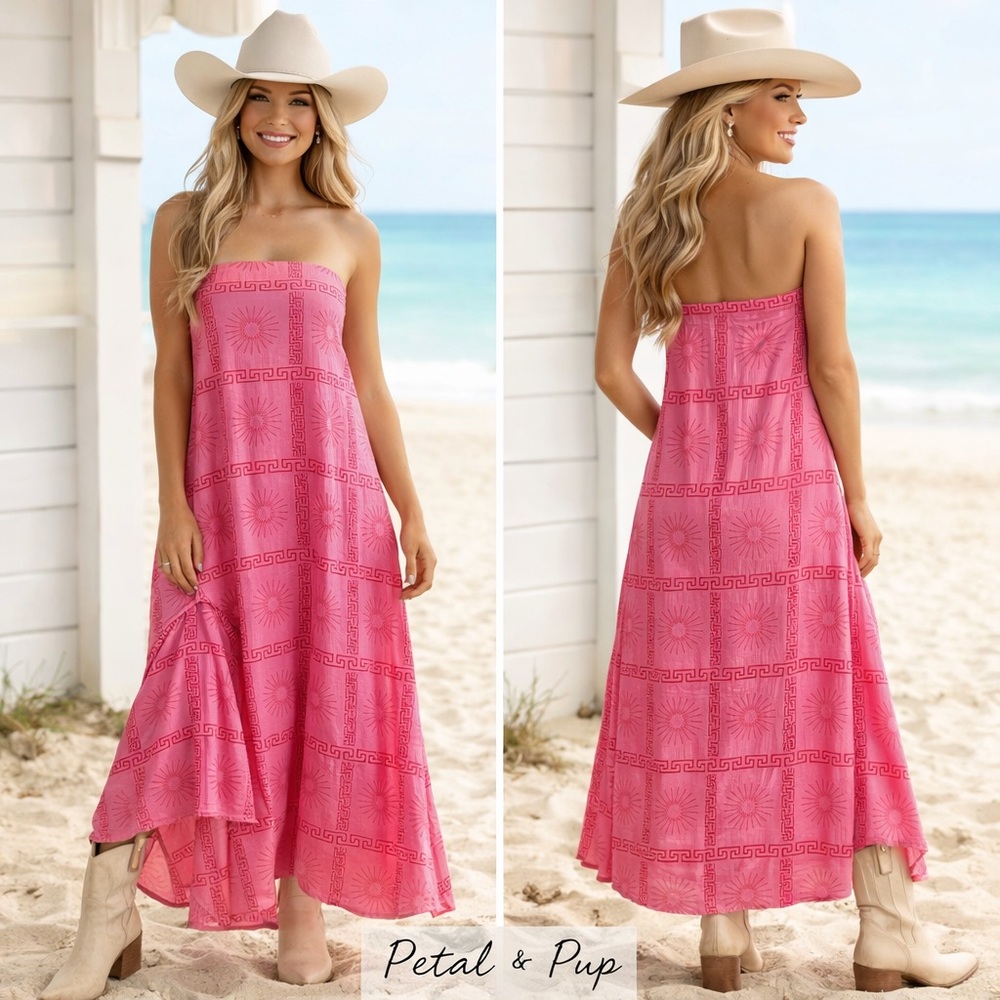 Anthropologie Petal + Pup,Pink Patterned Strapless Boho Maxi Dress Lined,Size S